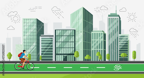 Urban cycling illustration showcasing green commuting in a modern city landscape for sustainable