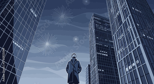 Urban contemplation artwork featuring skyscrapers and fireworks reflecting a modern city life