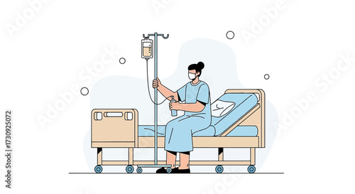 Vector Illustration Depicting a Patient Receiving Intravenous Therapy in a Hospital Bed