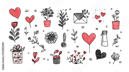 Hand-drawn doodles of hearts and flowers