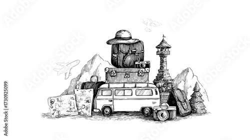 Hand-drawn travel illustration with vintage elements