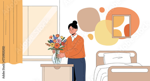 Woman arranging a vibrant bouquet of flowers in a bedroom setting adds warmth and life to the room