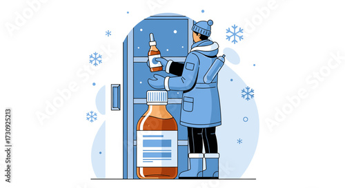 Winter Cold and Flu Season Remedy: Man Taking Medication from Refrigerator Concept