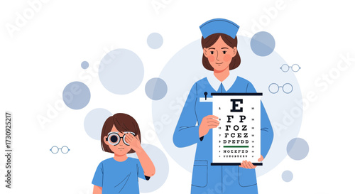 Vision checkup illustration depicting a child undergoing an eye test with a nurse