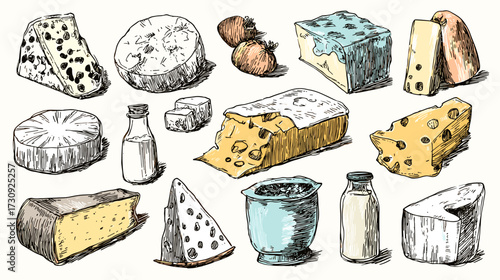 Variety of hand-drawn cheeses and dairy products