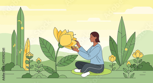 Woman in Nature: Embracing a Giant Flower in a Serene Illustrated Landscape illustration