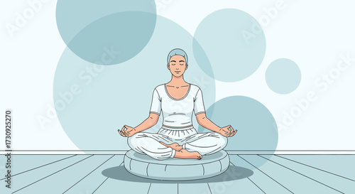 Woman meditates calmly indoors illustration representing mindfulness and wellness