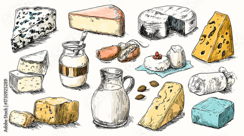 Variety of cheeses and dairy products illustration