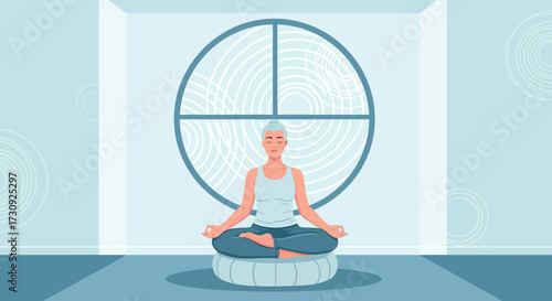 Woman practicing mindful meditation in peaceful room with round window design promoting relaxation