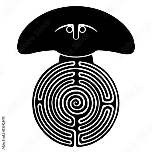 Creative design with a head of ancient idol on top of a round spiral maze or labyrinth symbol. Black and white silhouette. Neolithic stele from Linigiana, Italy.