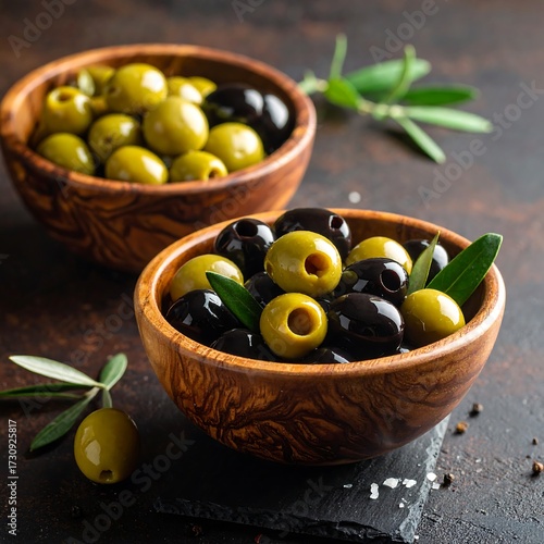 Delicious Green and Black Olives in Wooden Bowls.