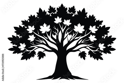 Stylized Tree Silhouette Featuring Branches and Maple Leaf Accents Creating Artistic Contrast