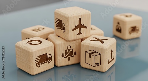 Wooden Blocks with Delivery and Shipping Icons on Light Blue Surface