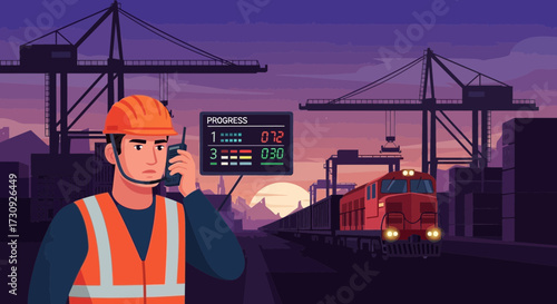 Logistics operations illustration portraying a port worker coordinating train activity