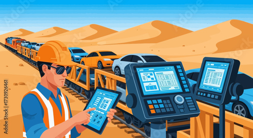 Technological logistics: Overseeing car transport across the desert landscape via rail freight