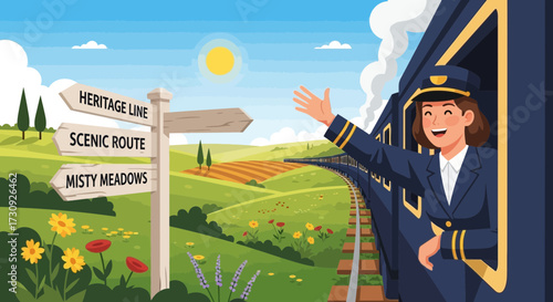 Cheerful train conductor on a scenic heritage line journey through the countryside