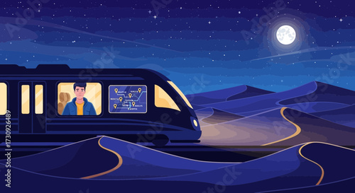Futuristic desert rail journey under the moonlight, a unique travel experience