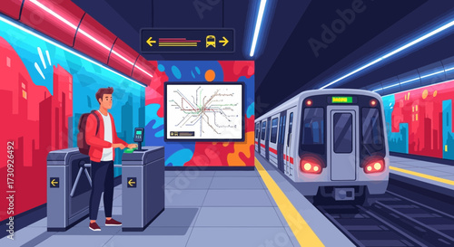 Vibrant urban transit scene showcasing a modern subway station and passenger