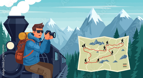 Adventurous traveler capturing mountain landscapes from a vintage train voyage