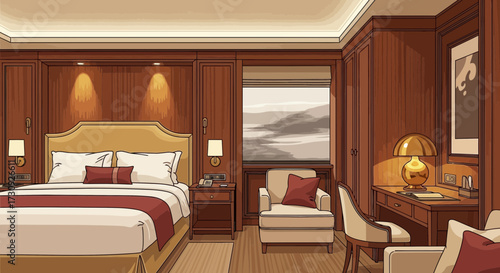 Illustration of a luxurious and well-appointed hotel suite, with modern amenities