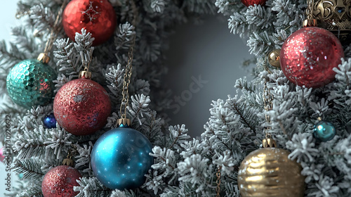 Snowy Christmas Wreath with Red, Blue, and Gold Ornaments
