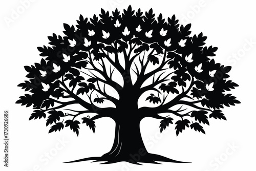 Black Tree Silhouette Graphic with Branches and Leaves, Nature Vector Design