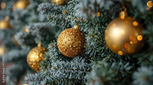 Blue-Green Christmas Tree Needles with Gold Ornaments