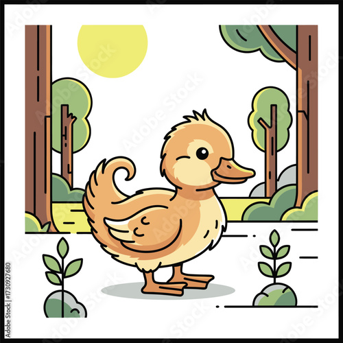 Cute cartoon duckling with a playful wink in a forest setting isolated on white background