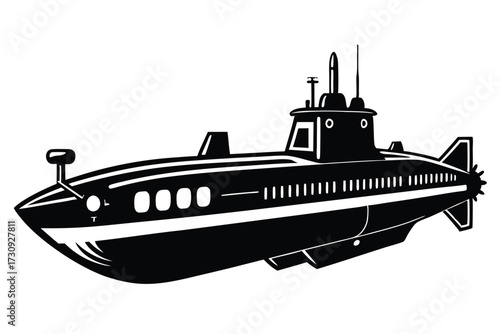 Simplified Black and White Submarine Illustration Featuring Portholes, Tower, and Propeller Details