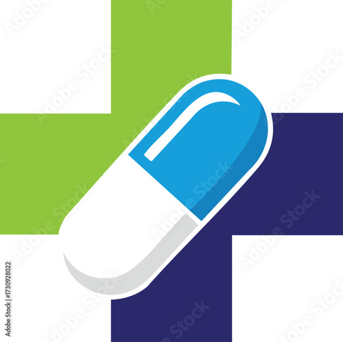 Vector art of blue and white capsule on a green and blue cross symbol