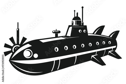 Stylized Black Submarine Illustration Featuring Antenna, Windows, and Propeller with Fins in Detail
