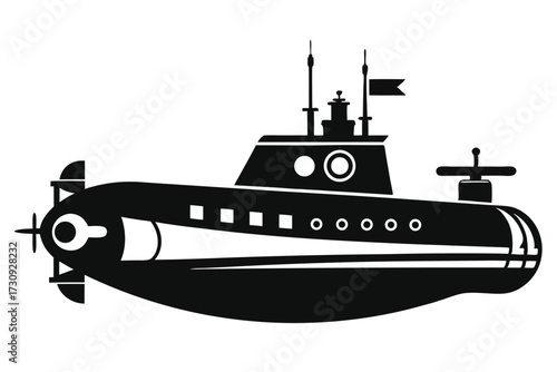 Silhouette of a Submarine with Propellers, Flag, Antennas, and Circular Windows Illustration