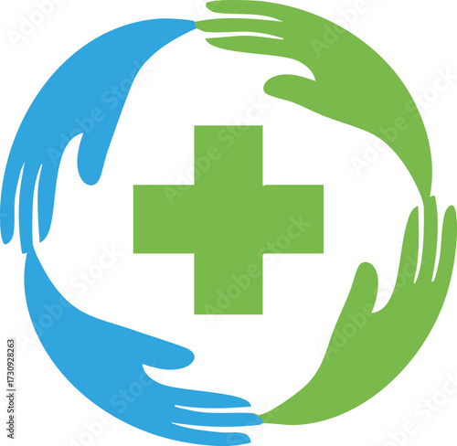 Vector art of green cross and hands in circle
