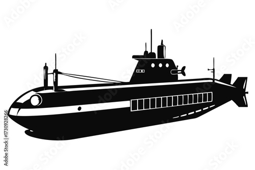 Black and White Submarine Silhouette with Detail of Windows, Hatch and Propeller