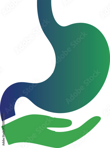 Vector art of stomach icon with hand, representing digestive health and care