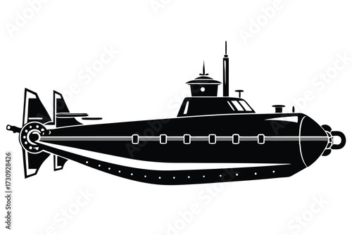 Black and White Illustration of a Submarine Featuring Details of a Vessel's Parts