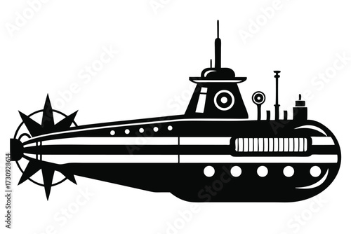Black Submarine Illustration Featuring a Large Stern Propeller and Detailed Upper Structure Elements