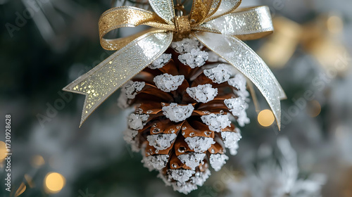 Frosted Pinecone Ornament with Gold Ribbon on Christmas Tree