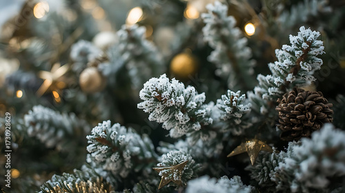 Frosted Evergreen Branches with Pinecones and Gold Ornaments