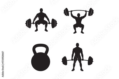 Weightlifting and kettlebell silhouettes for fitness and exercise
