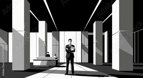 A confident businessman stands tall in a modern corporate lobby illustration