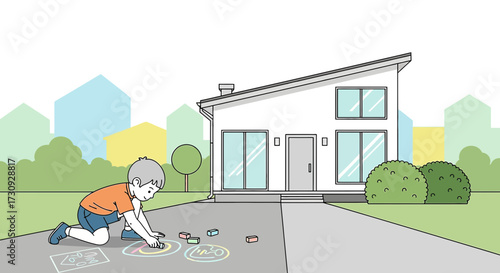 A delightful cartoon illustration depicting a boy drawing with chalk in front of a modern house