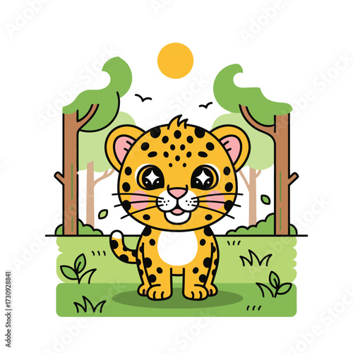 Cute cartoon baby leopard with big sparkling eyes standing in a forest clearing isolated on white background