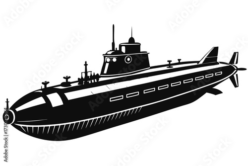 Silhouette of a Military Submarine with Visible Windows and Distinctive Hull Markings and Detail