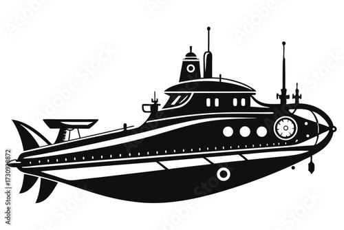 Stylized Black and White Submarine Illustration With Round Windows and Antenna Detail