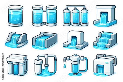 Collection of cartoon water purification and treatment system icons
