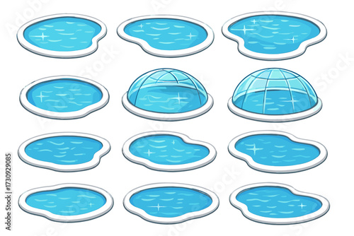Collection of cartoon ice pools and igloos in various shapes and designs