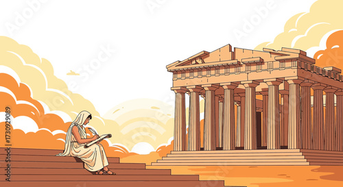 Ancient Greek scribe composing text near the Parthenon in Athens illustration