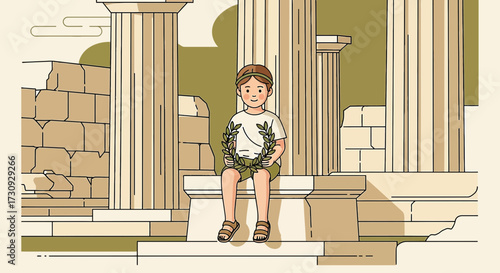 Boy with a Laurel Wreath Sitting Among Ancient Greek Ruins Illustration Style Artwork