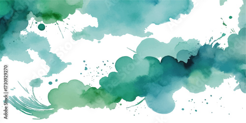 Abstract sky watercolor background with fluffy clouds and blue paint splashes